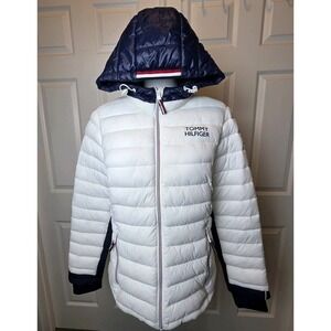 Tommy Hilfiger Women M White Quilted Puffer Coat Hooded Preppy Sailing Americana